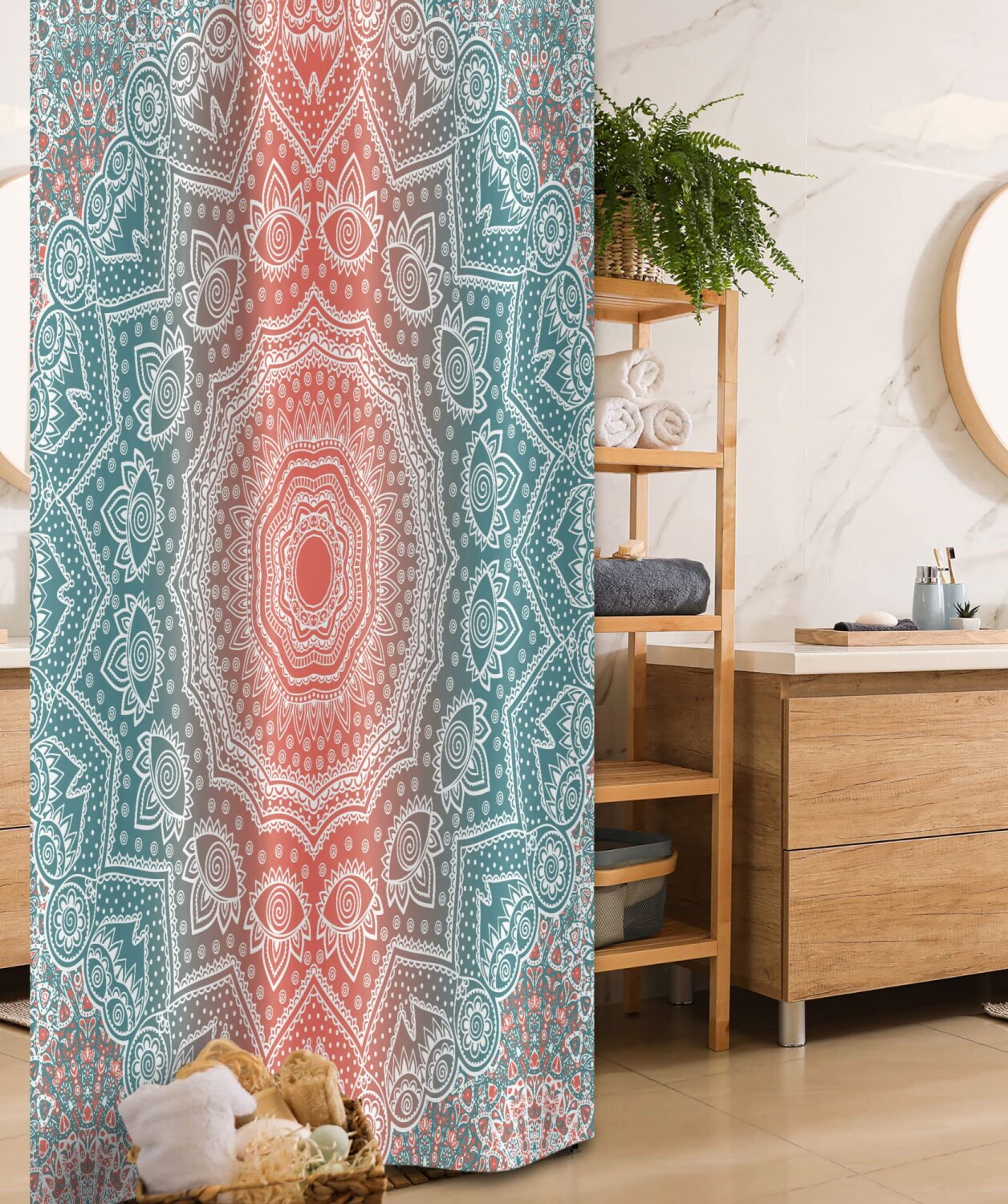 Coral and Teal Tribal Shower Curtain 36x72