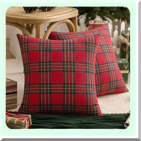 Plaid Farmhouse Holiday Pillow Covers - Set of 2 Scottish Tartan Cushion Cases in Red and Green, 18x18 Inches - Decorative Home Accent
