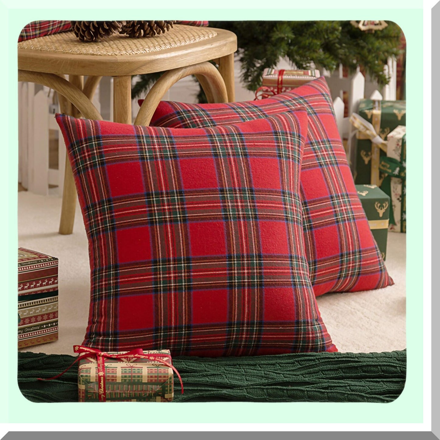 Plaid Farmhouse Holiday Pillow Covers - Set of 2 Scottish Tartan Cushion Cases in Red and Green, 18x18 Inches - Decorative Home Accent