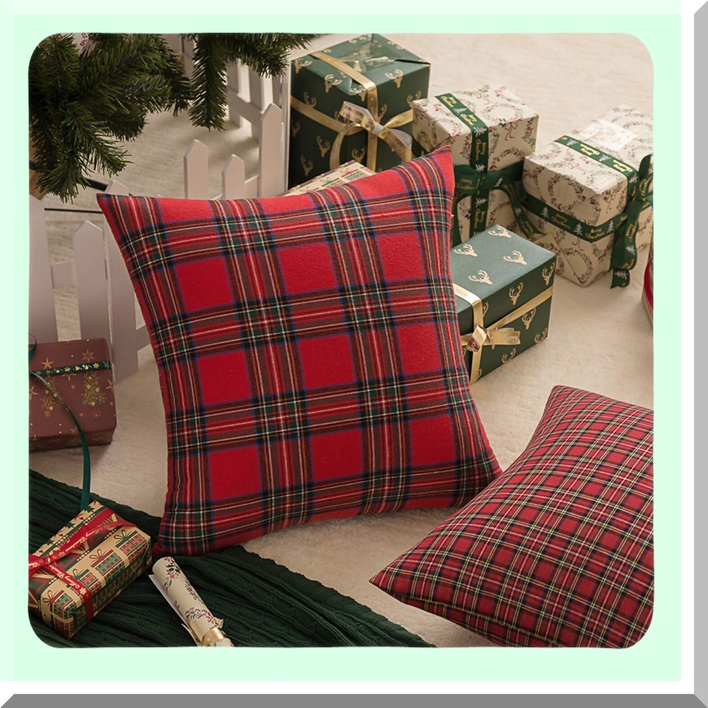Plaid Farmhouse Holiday Pillow Covers - Set of 2 Scottish Tartan Cushion Cases in Red and Green, 18x18 Inches - Decorative Home Accent