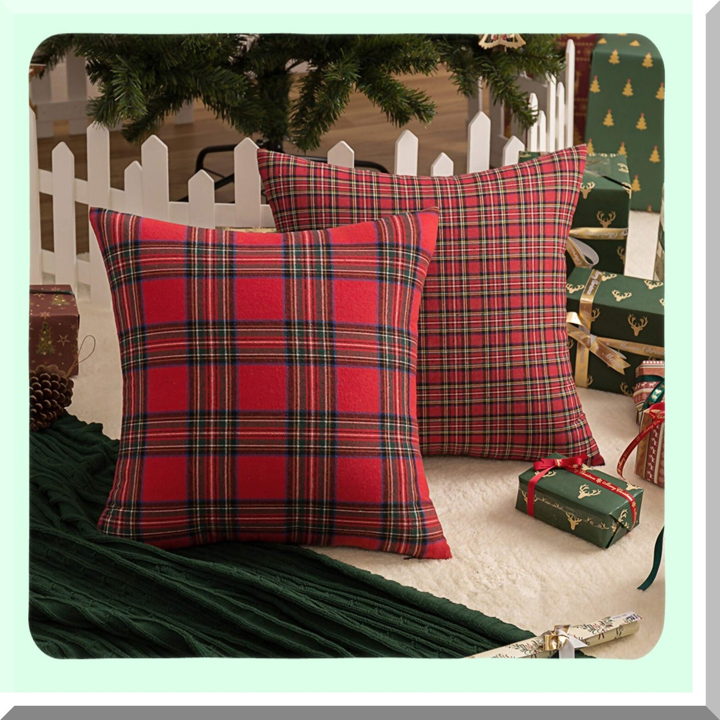 Plaid Farmhouse Holiday Pillow Covers - Set of 2 Scottish Tartan Cushion Cases in Red and Green, 18x18 Inches - Decorative Home Accent