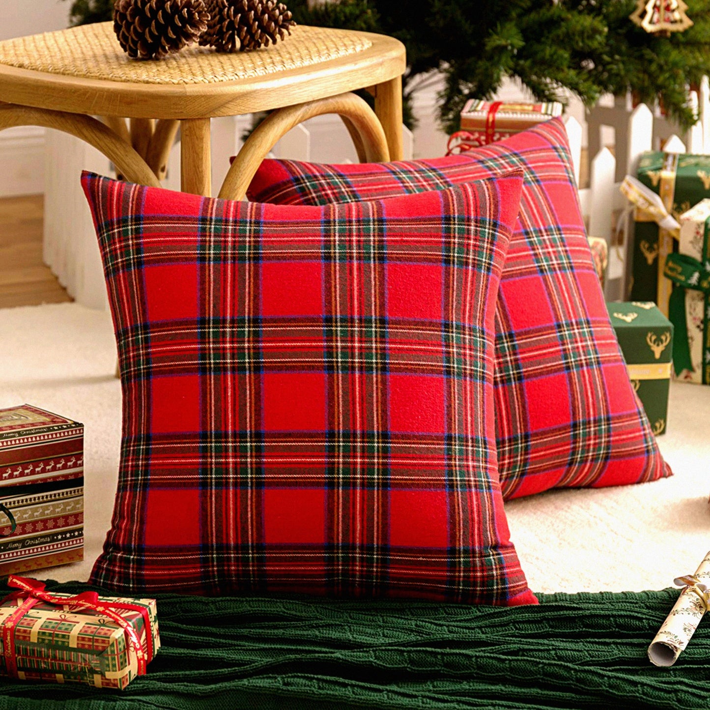 Plaid Farmhouse Holiday Pillow Covers - Set of 2 Scottish Tartan Cushion Cases in Red and Green, 18x18 Inches - Decorative Home Accent