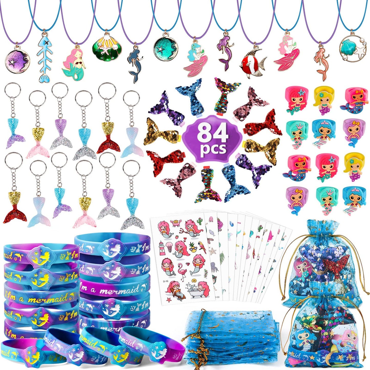 Mermaid Magic Party Pack - 84Pcs Mermaid Pinata Filler with Necklace, Bracelet, Sticker, Keychain, Ring, Hairpin - Ariel Little Mermaid Birthday Kit for Girls