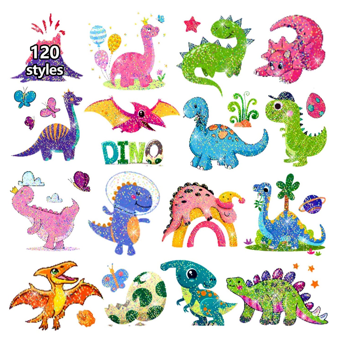 Dino Glitter Party Pack - 120 Styles for Kids Birthday, Fake Stickers & Decorations, Boys & Girls Party Favors, Dinosaur Gifts - 12 Sheets