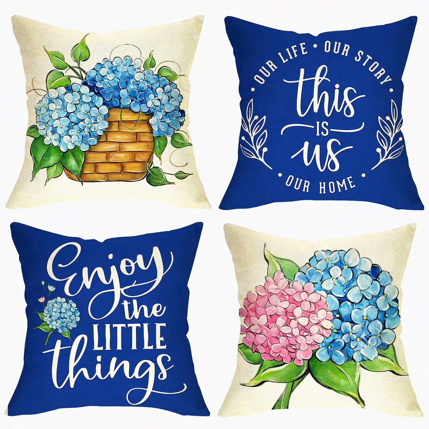 Hydrangea Bloom Decor Pillow Set - Floral Farmhouse Cushion Covers 18x18, Spring Summer Porch Home Decor, Enjoy The Little Things Outdoor Sofa Case