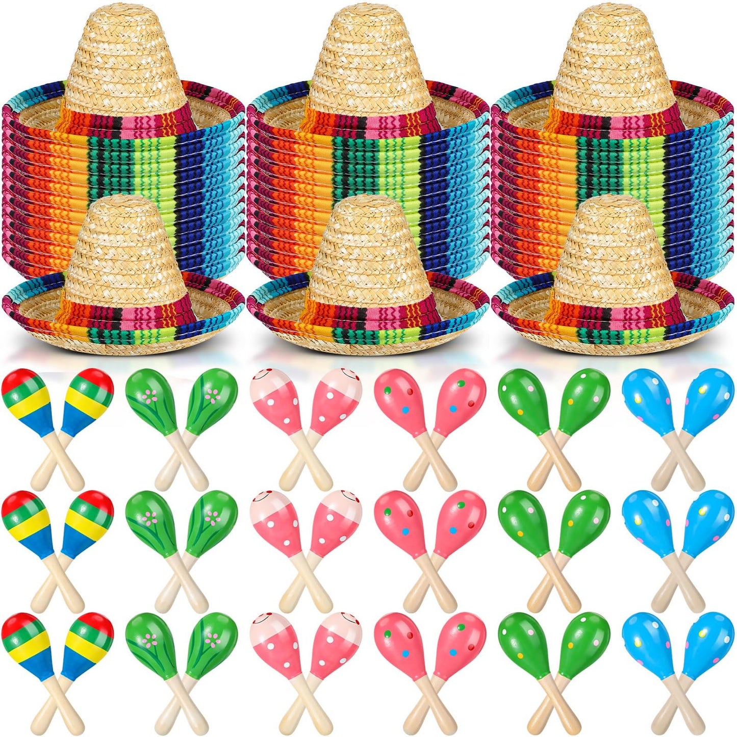Fiesta Maracas & Sombrero Set - Mexican Themed Party Decorations for Adults, Kids, Dolls, and Pets - 12 Piece Kit