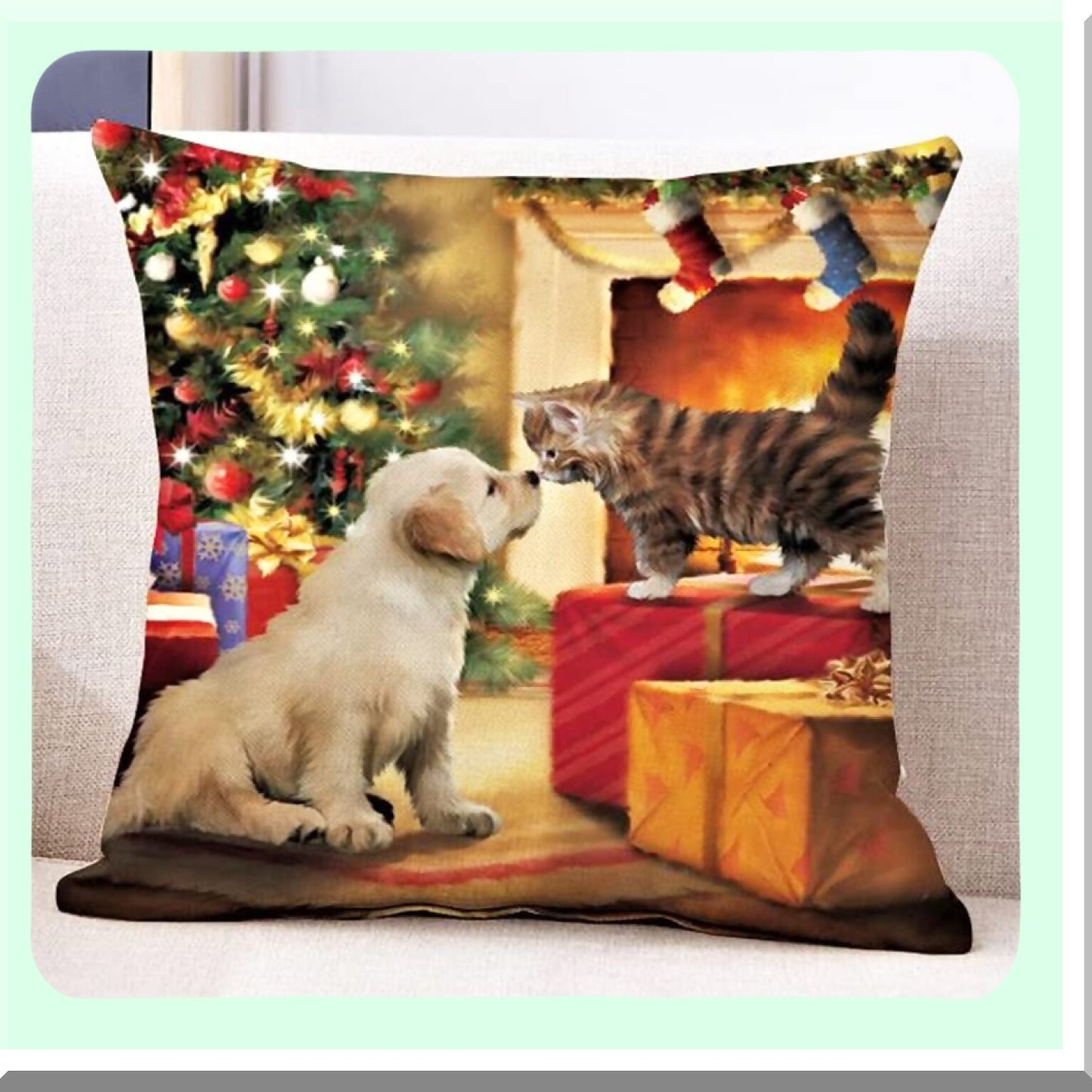 Festive Pet Paw Print Pillow Cover - Christmas Cat Dog Pillowcase for Home Decor, Xmas Party Supplies - 18'' x 18'' Throw Pillow Case