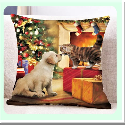 Festive Pet Paw Print Pillow Cover - Christmas Cat Dog Pillowcase for Home Decor, Xmas Party Supplies - 18'' x 18'' Throw Pillow Case