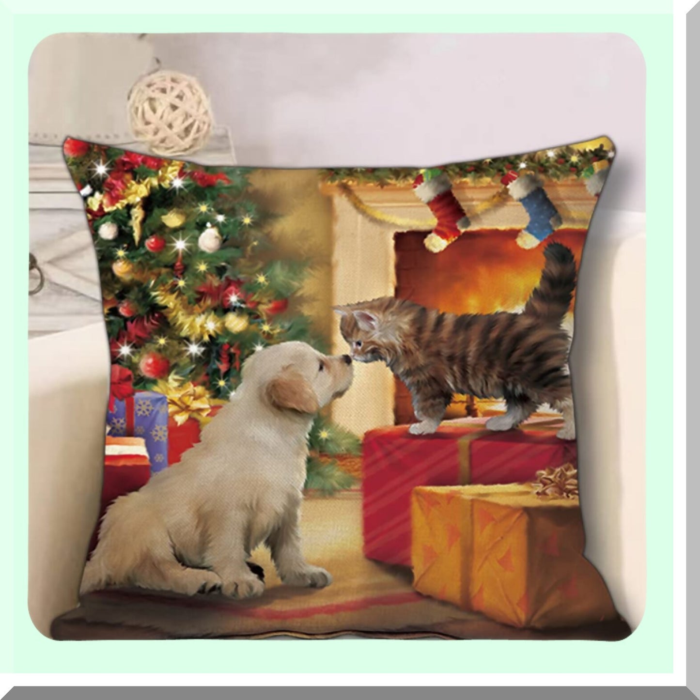 Festive Pet Paw Print Pillow Cover - Christmas Cat Dog Pillowcase for Home Decor, Xmas Party Supplies - 18'' x 18'' Throw Pillow Case