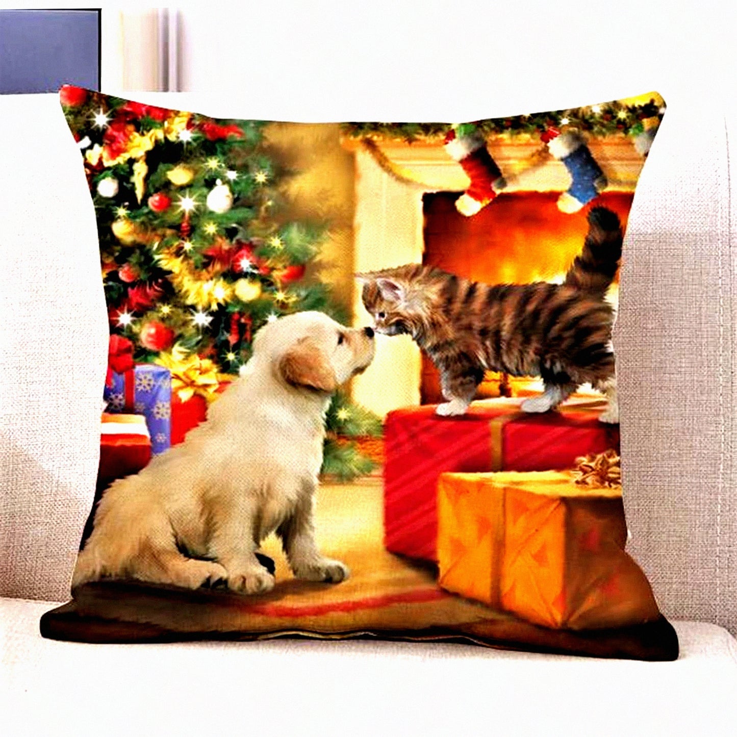 Festive Pet Paw Print Pillow Cover - Christmas Cat Dog Pillowcase for Home Decor, Xmas Party Supplies - 18'' x 18'' Throw Pillow Case