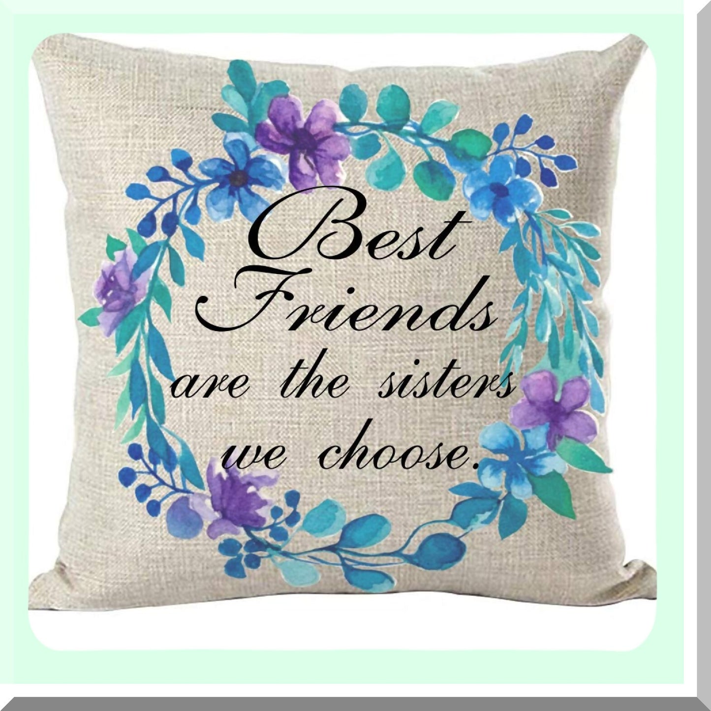 Sisterly Bond Floral Throw Pillow - Blue Purple Flower Decor Case for Home Living Room Bed Sofa Car - Best Friends Quote Decorative Cotton Linen 18x18"