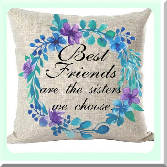 Sisterly Bond Floral Throw Pillow - Blue Purple Flower Decor Case for Home Living Room Bed Sofa Car - Best Friends Quote Decorative Cotton Linen 18x18"