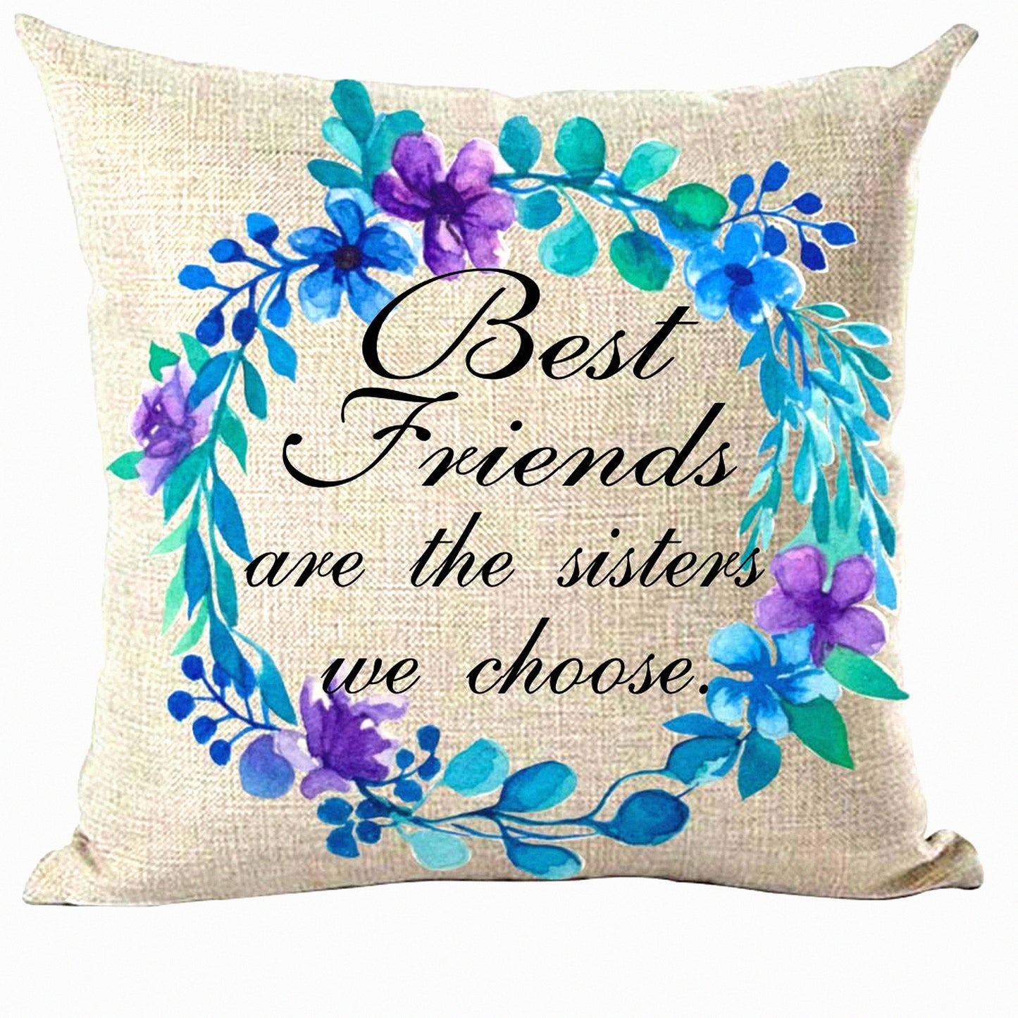 Sisterly Bond Floral Throw Pillow - Blue Purple Flower Decor Case for Home Living Room Bed Sofa Car - Best Friends Quote Decorative Cotton Linen 18x18"