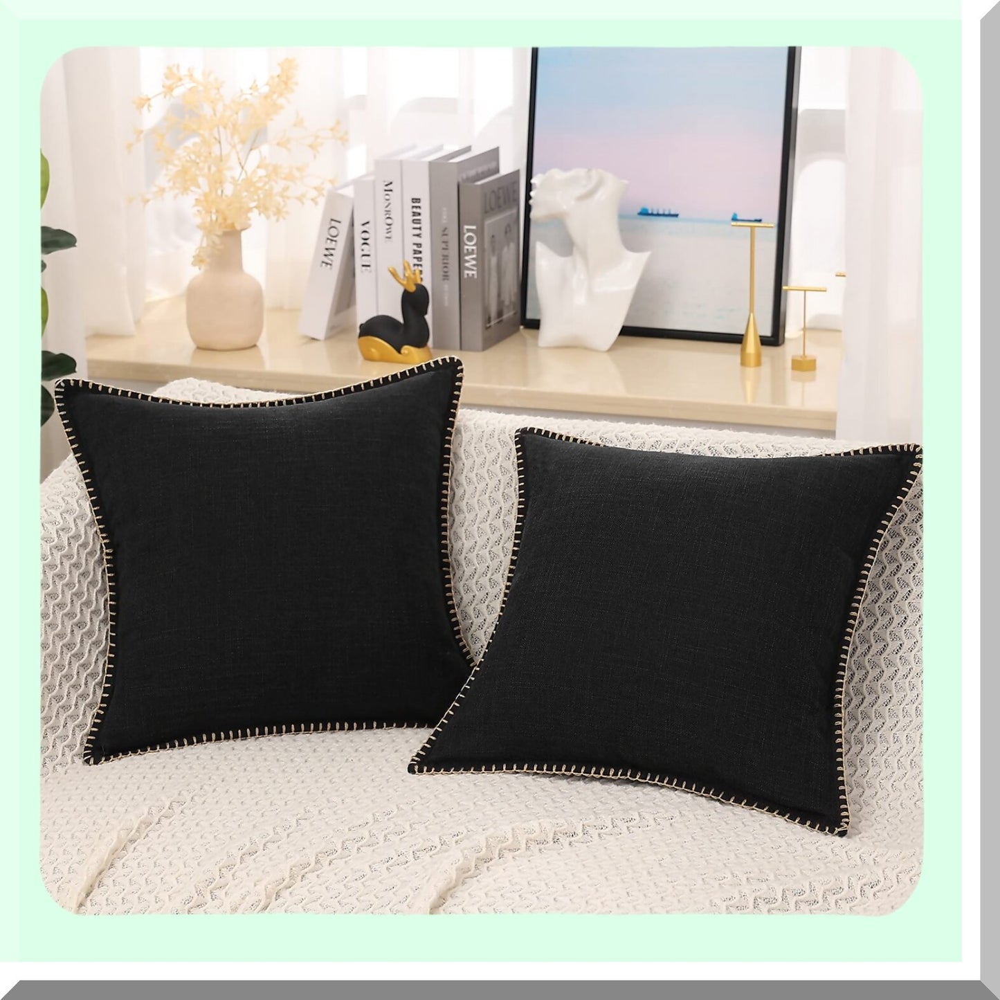 Rustic Linen Farmhouse Pillow Covers - Set of 2, Black Square Outdoor Throw Pillow Covers 22x22 with Stitched Edge for Couch, Sofa, Living Room