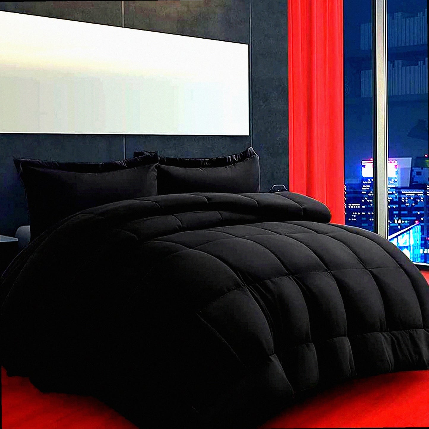 Luxury Plush Comforter Set - 3 Piece Goose Down Alternative Bedding with 2 Pillow Shams - Extra Thick, Soft & Comfortable - Machine Washable - California Black