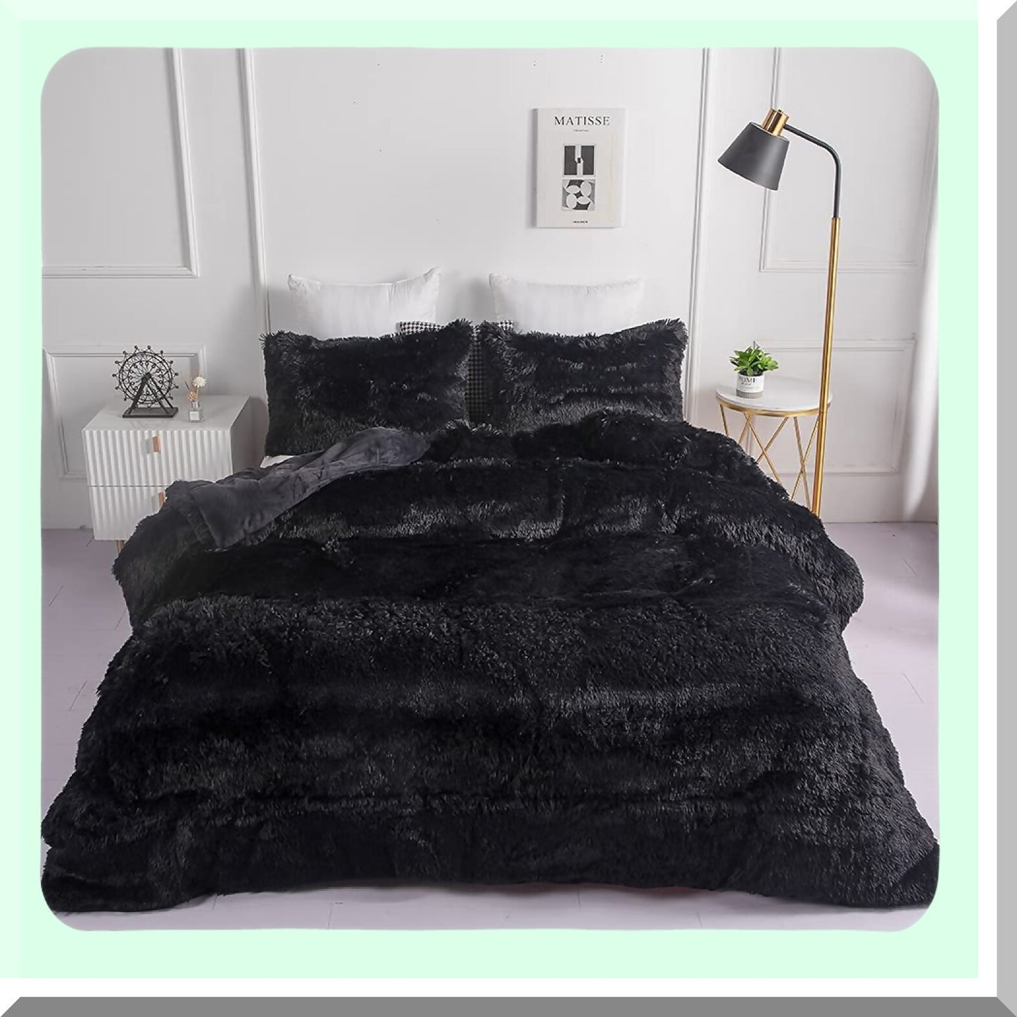 Luxury Plush Black Shaggy Comforter Set - Full/Queen Size Ultra Soft Flannel Velvet Bedding with Fluffy Fuzzy Texture - Includes 1 Comforter and 2 Pillowcases