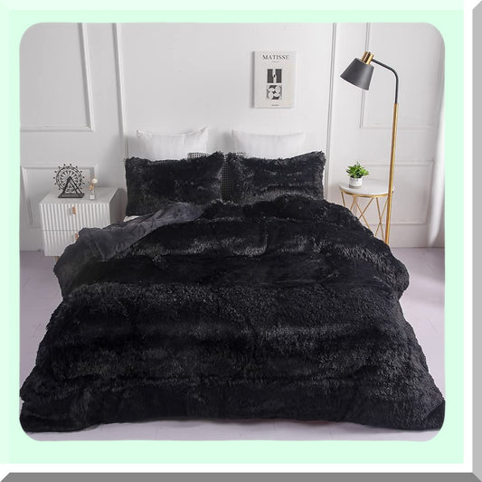 Luxury Plush Black Shaggy Comforter Set - Full/Queen Size Ultra Soft Flannel Velvet Bedding with Fluffy Fuzzy Texture - Includes 1 Comforter and 2 Pillowcases