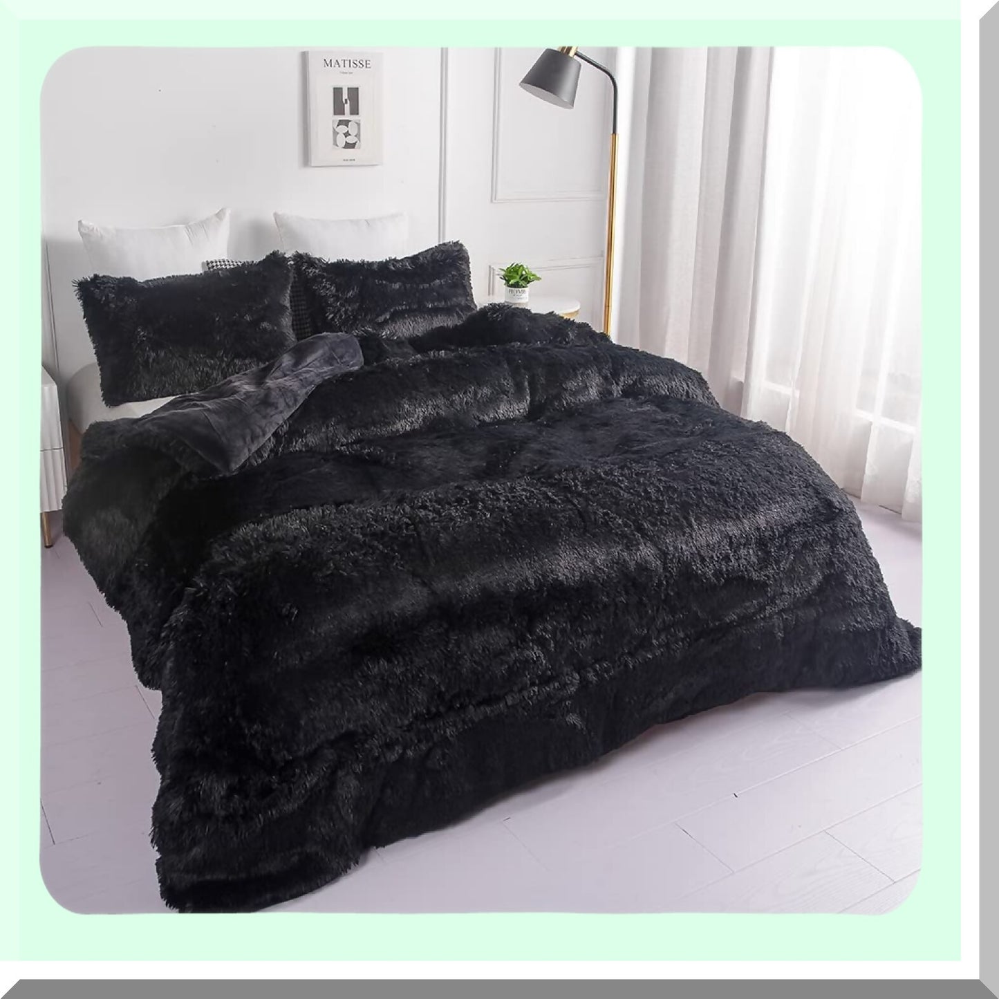 Luxury Plush Black Shaggy Comforter Set - Full/Queen Size Ultra Soft Flannel Velvet Bedding with Fluffy Fuzzy Texture - Includes 1 Comforter and 2 Pillowcases