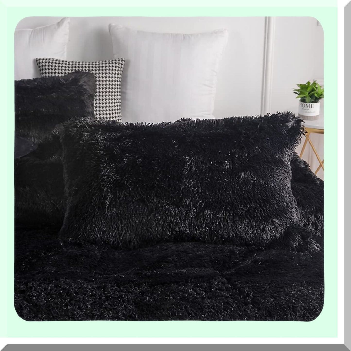 Luxury Plush Black Shaggy Comforter Set - Full/Queen Size Ultra Soft Flannel Velvet Bedding with Fluffy Fuzzy Texture - Includes 1 Comforter and 2 Pillowcases
