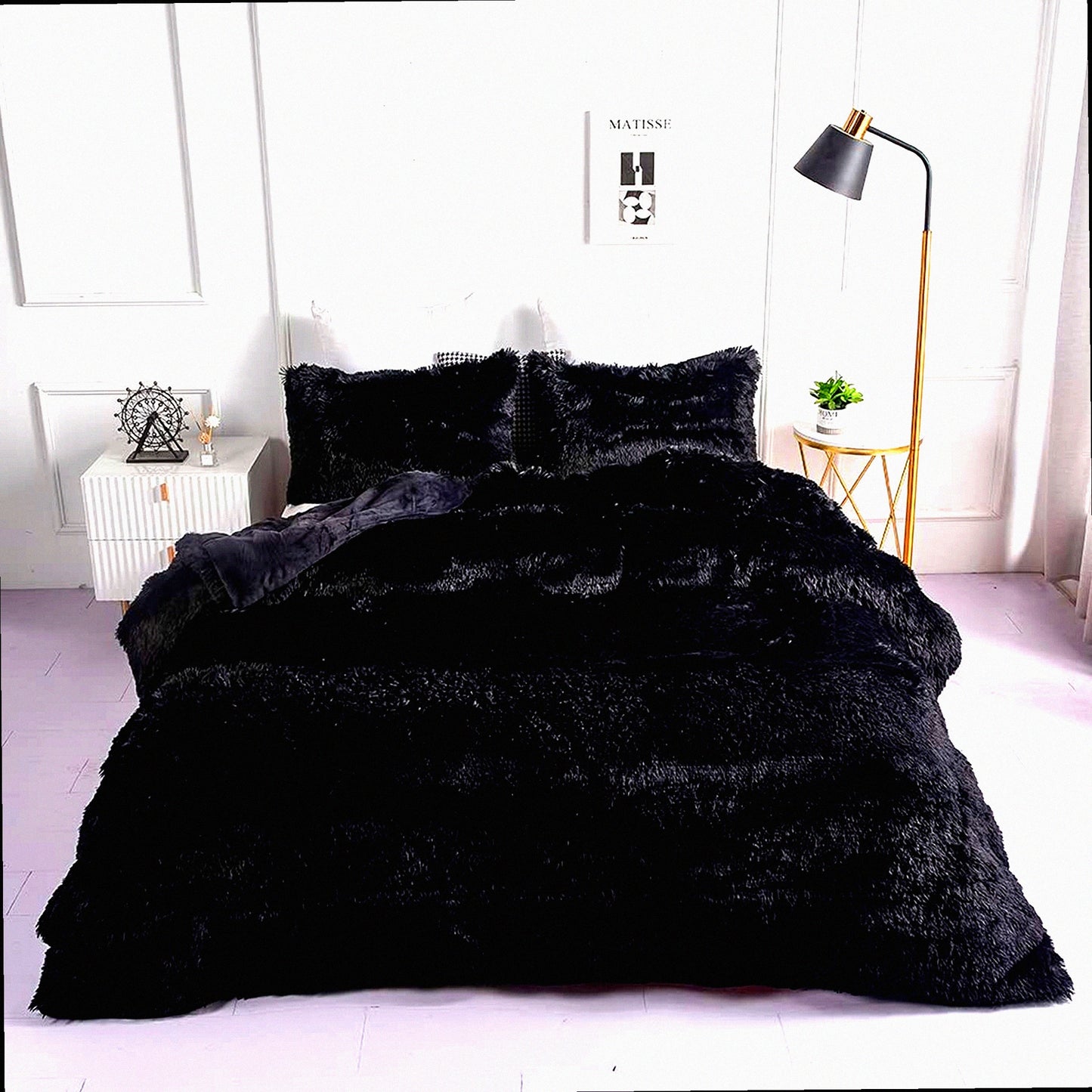 Luxury Plush Black Shaggy Comforter Set - Full/Queen Size Ultra Soft Flannel Velvet Bedding with Fluffy Fuzzy Texture - Includes 1 Comforter and 2 Pillowcases