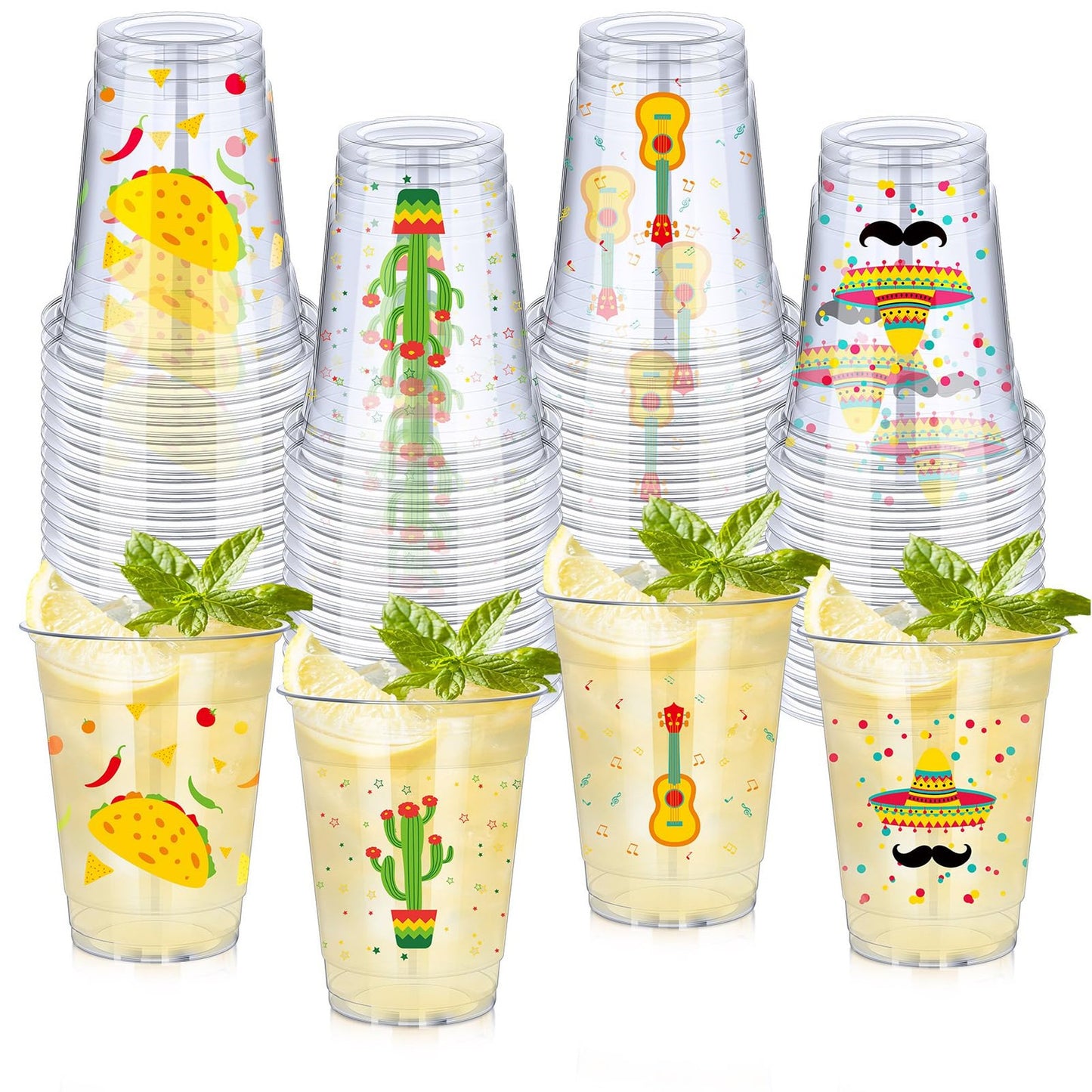 Fiesta Clear Plastic Cups - 100 Pack 12 oz Disposable Drinkware Set for Cinco De Mayo Taco Birthday Party Decorations - 4 Styles