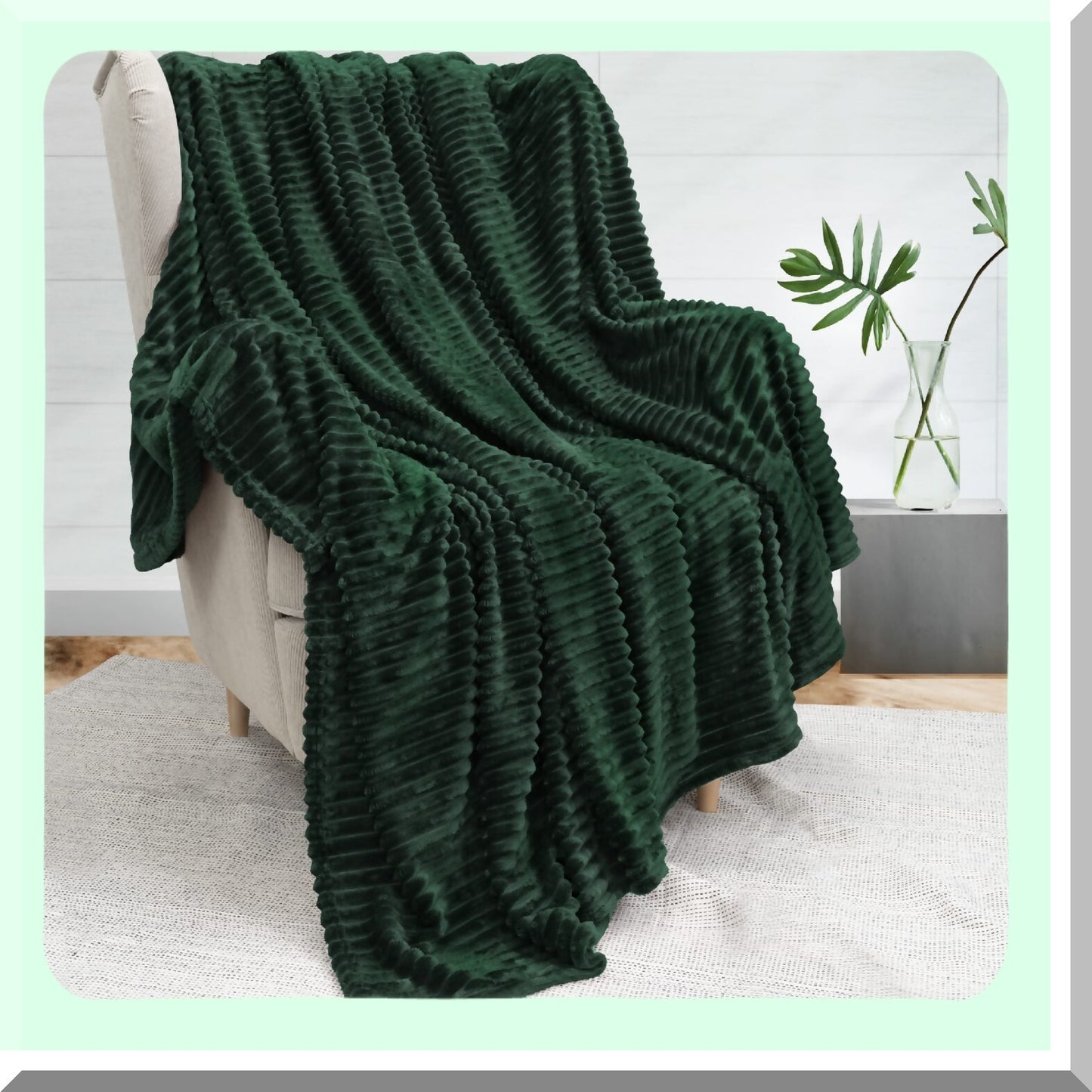 Emerald Luxe Fleece Throw - Ultra Soft, Cozy, and Lightweight Ribbed Microfiber Blanket for Sofa, Couch, or Bed - 50x60 Green