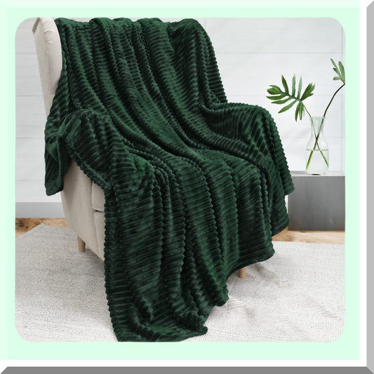 Emerald Luxe Fleece Throw - Ultra Soft, Cozy, and Lightweight Ribbed Microfiber Blanket for Sofa, Couch, or Bed - 50x60 Green