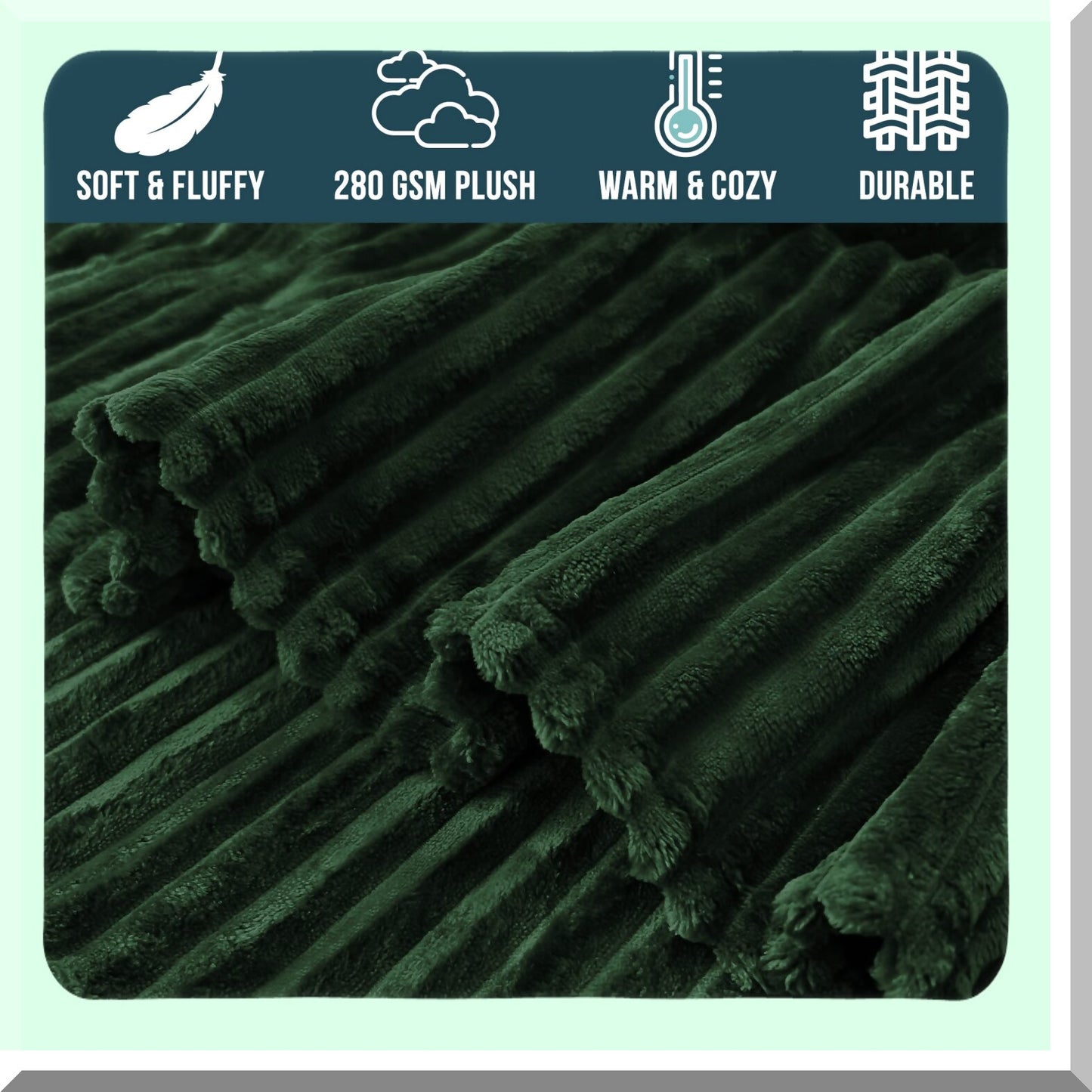 Emerald Luxe Fleece Throw - Ultra Soft, Cozy, and Lightweight Ribbed Microfiber Blanket for Sofa, Couch, or Bed - 50x60 Green