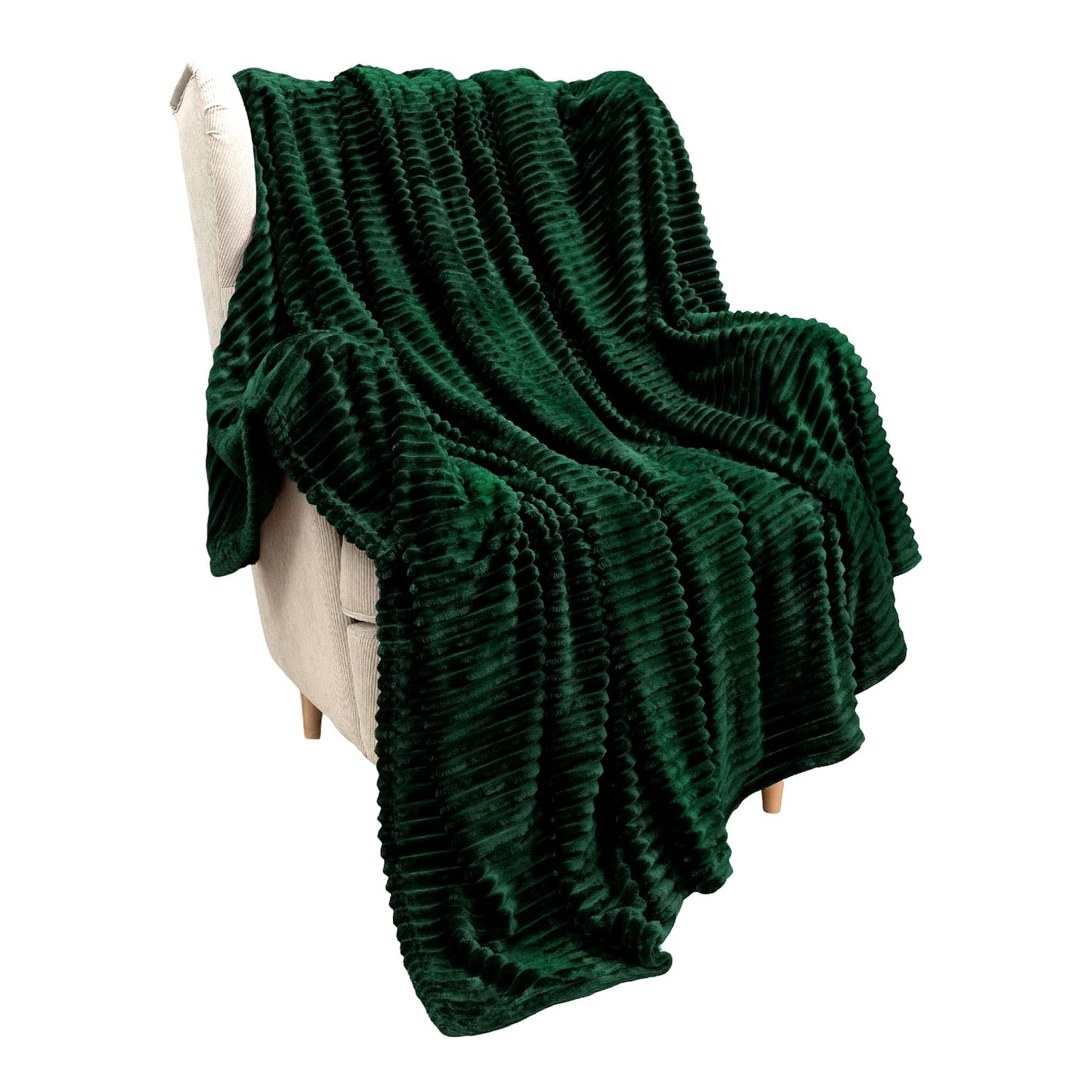 Emerald Luxe Fleece Throw - Ultra Soft, Cozy, and Lightweight Ribbed Microfiber Blanket for Sofa, Couch, or Bed - 50x60 Green