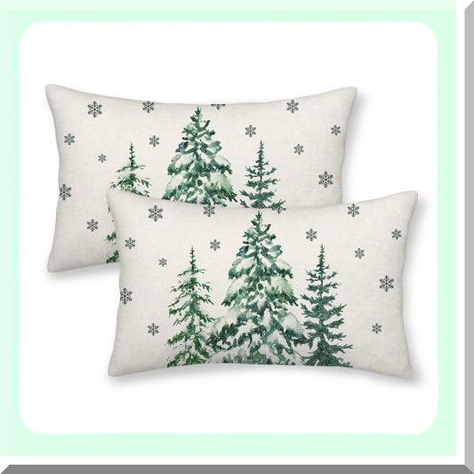 Forest Green Winter Linen Pillow Covers - Set of 2 Decorative Throw Pillows for Sofa Couch - 12X20 Inch Cushion Cases - Home Living Room Decor
