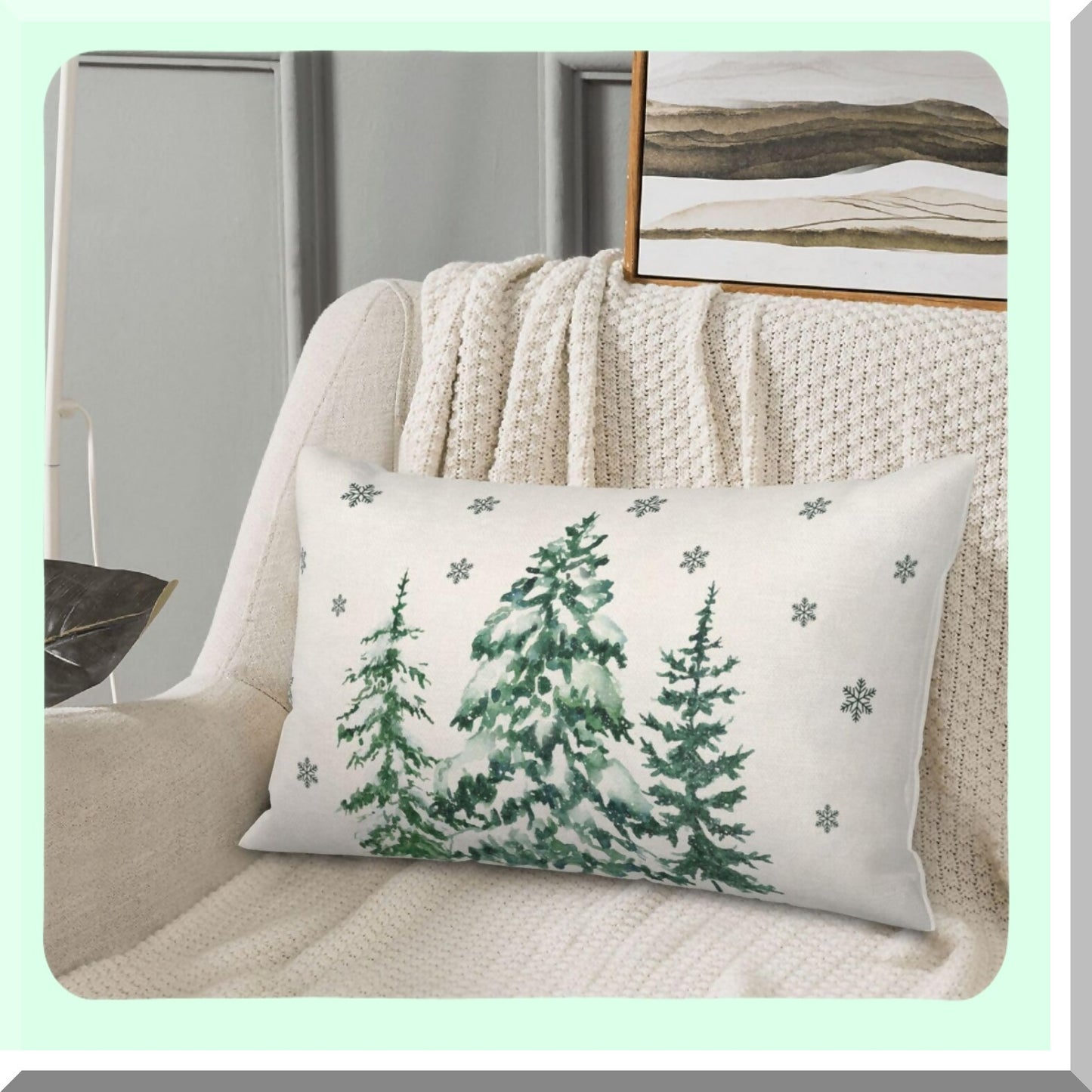 Forest Green Winter Linen Pillow Covers - Set of 2 Decorative Throw Pillows for Sofa Couch - 12X20 Inch Cushion Cases - Home Living Room Decor