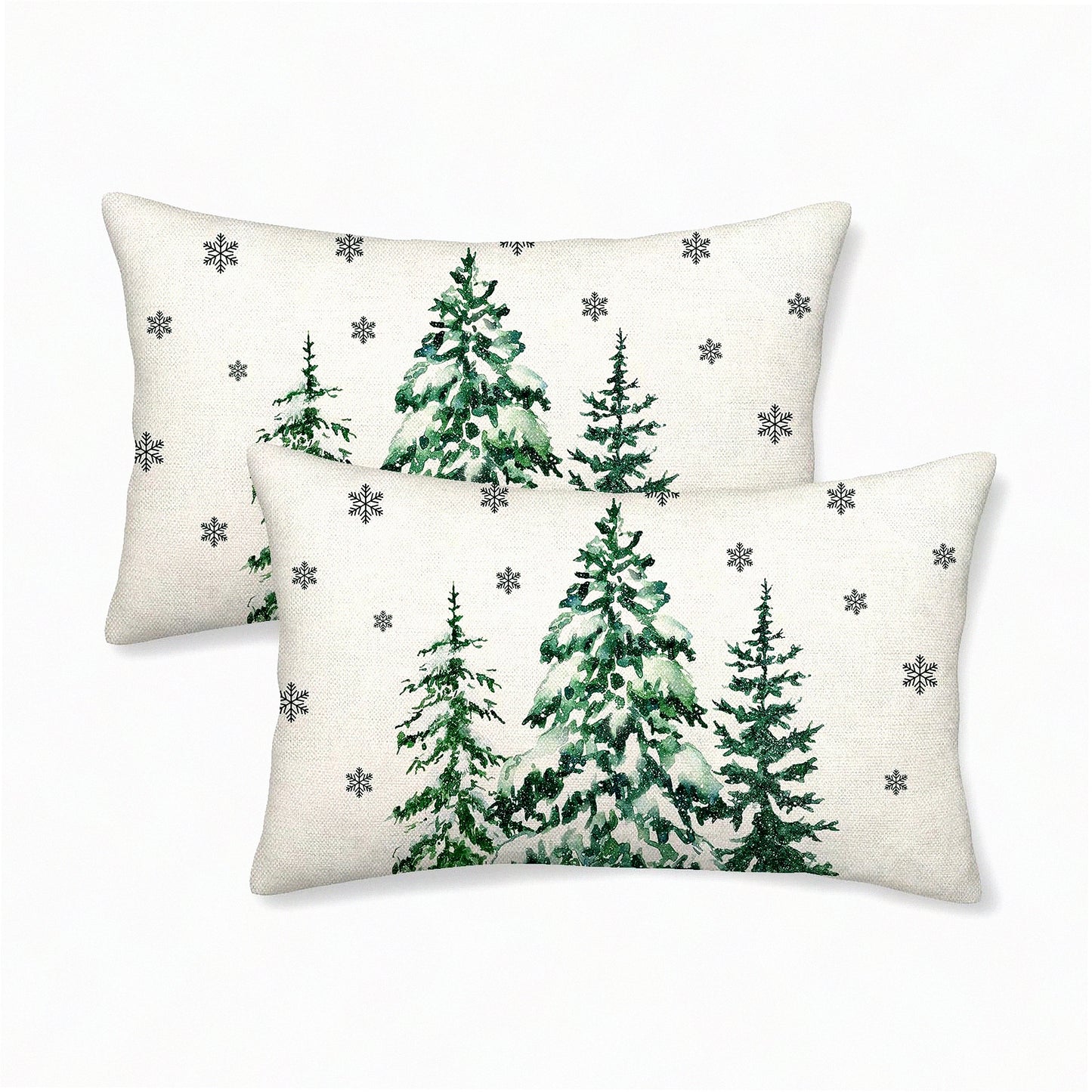 Forest Green Winter Linen Pillow Covers - Set of 2 Decorative Throw Pillows for Sofa Couch - 12X20 Inch Cushion Cases - Home Living Room Decor