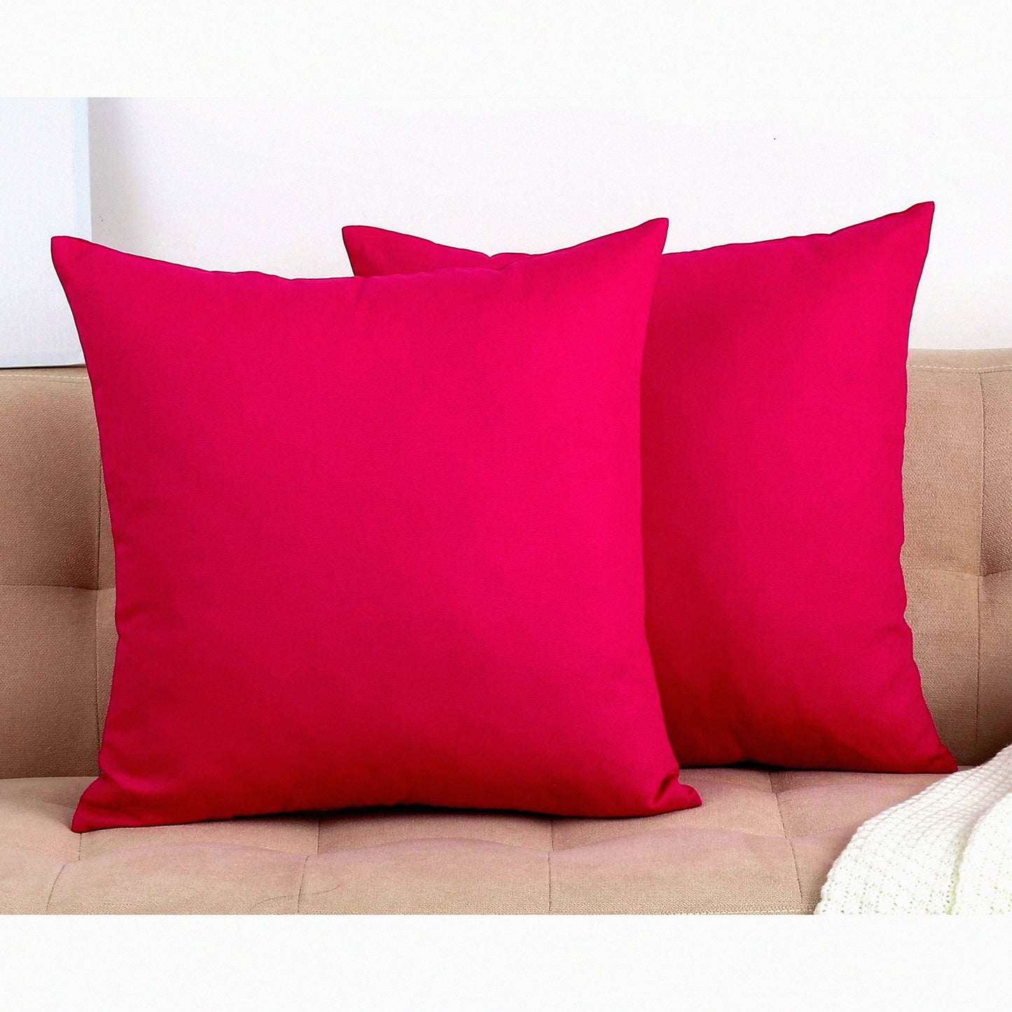Cotton Canvas Decorative Pillow Covers - Set of 2, 16"x16", 45 Colors, Solid Cushion Covers, Brilliant Rose, Home Decor Accent