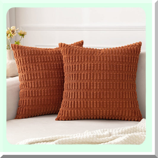 Boho Stripe Corduroy Pillow Covers - Set of 2 | Soft 18x18 Inch Decorative Throw Pillow Cases | Modern Farmhouse Home Decor for Living Room, Couch, Bed | Rust Color Palette