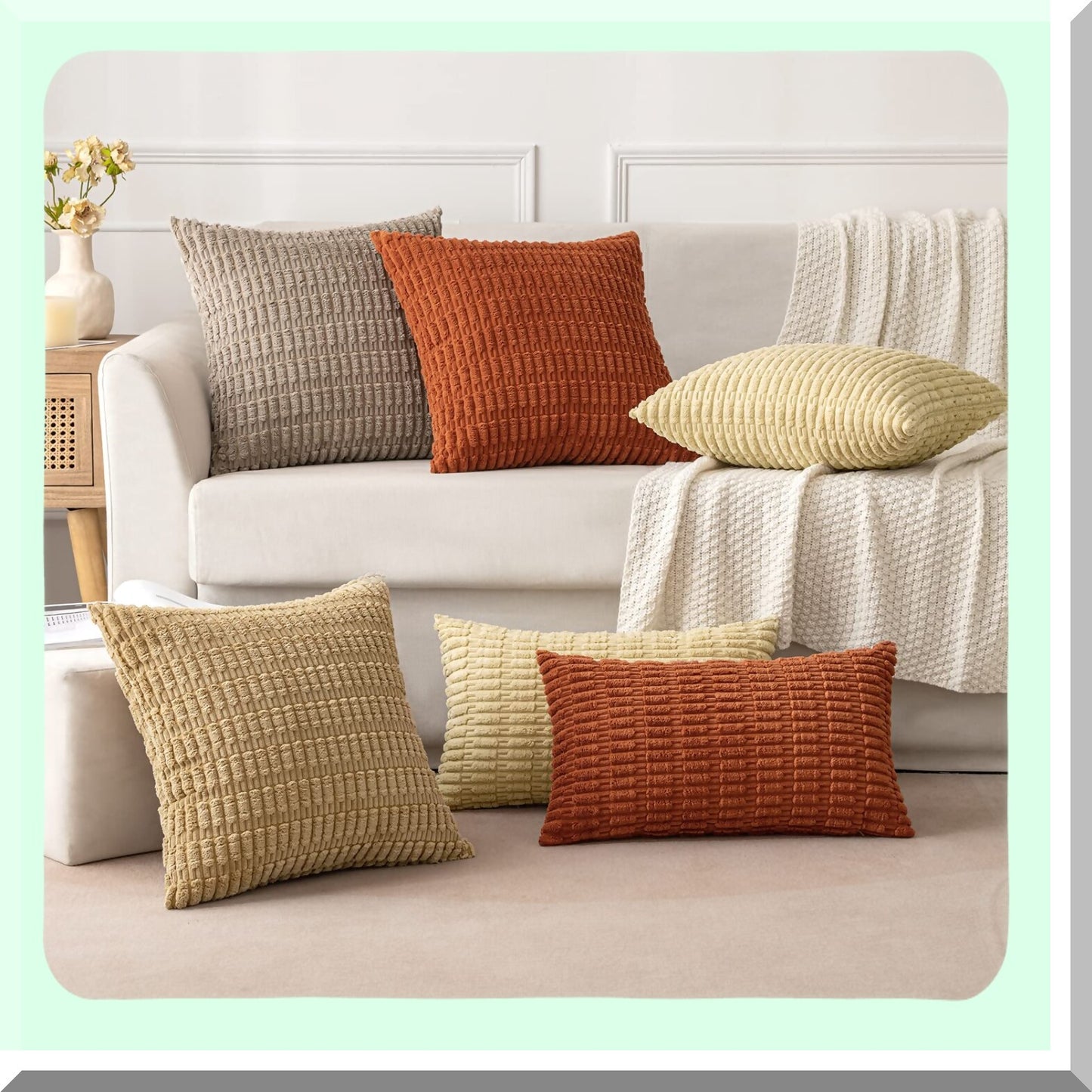 Boho Stripe Corduroy Pillow Covers - Set of 2 | Soft 18x18 Inch Decorative Throw Pillow Cases | Modern Farmhouse Home Decor for Living Room, Couch, Bed | Rust Color Palette