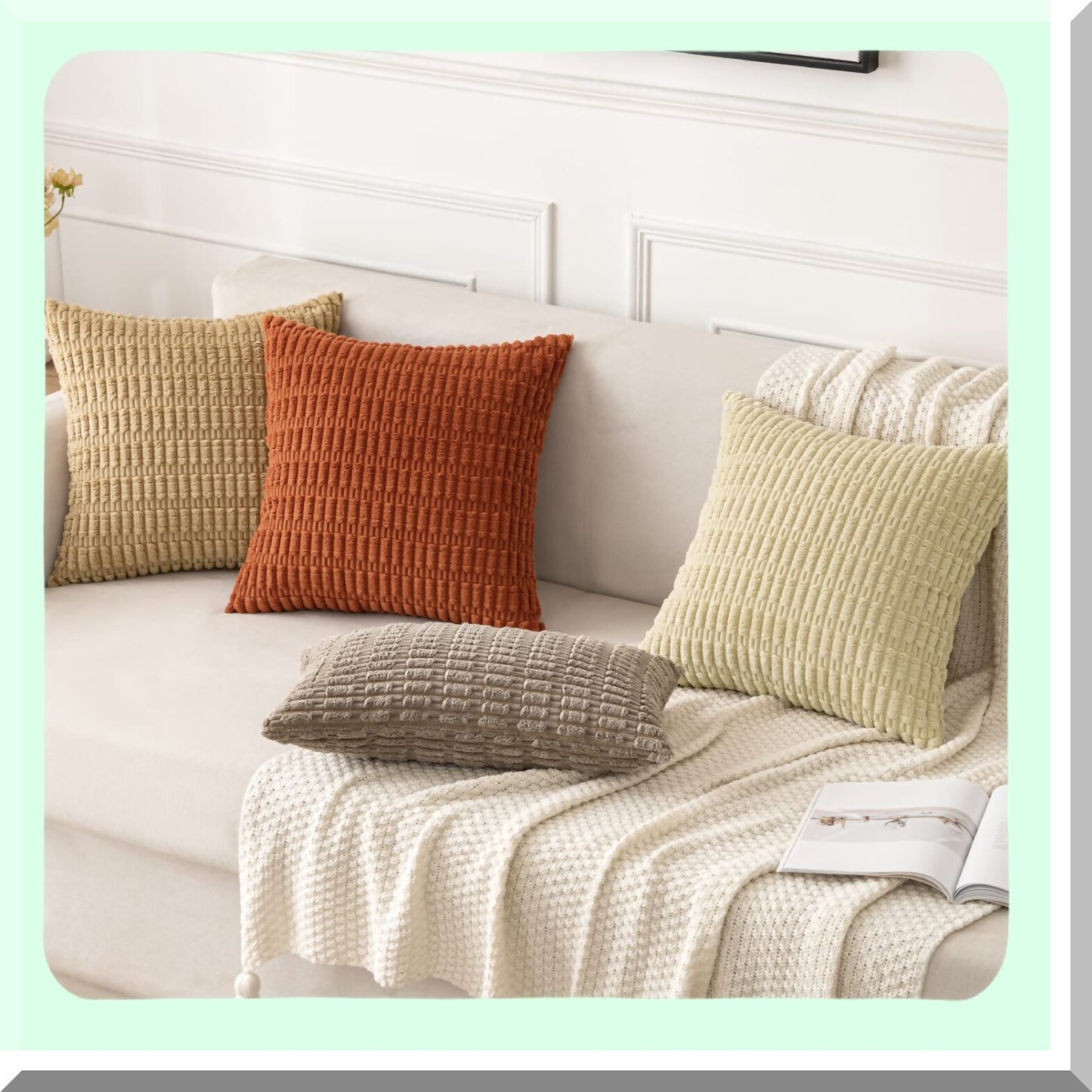 Boho Stripe Corduroy Pillow Covers - Set of 2 | Soft 18x18 Inch Decorative Throw Pillow Cases | Modern Farmhouse Home Decor for Living Room, Couch, Bed | Rust Color Palette