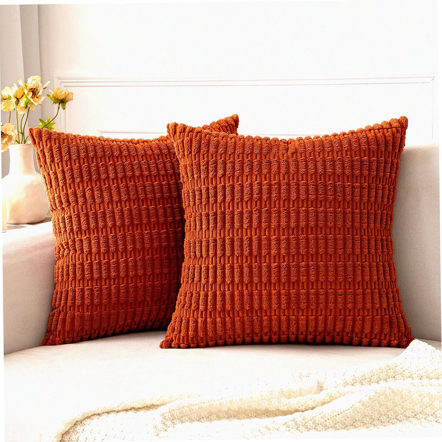 Boho Stripe Corduroy Pillow Covers - Set of 2 | Soft 18x18 Inch Decorative Throw Pillow Cases | Modern Farmhouse Home Decor for Living Room, Couch, Bed | Rust Color Palette