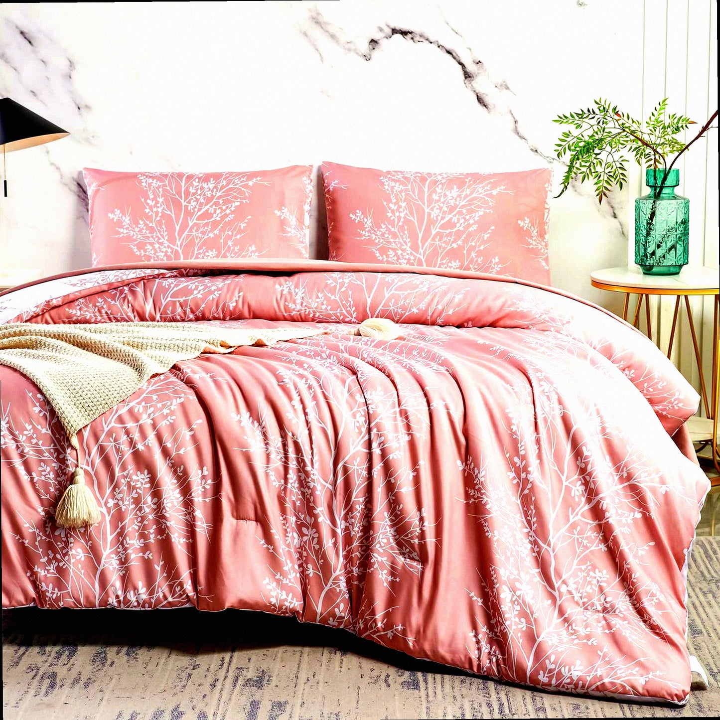 Floral Bliss 5-Piece Full Size Comforter Set - Girls Women Teens Bedding - Super Soft Microfiber Quilt Set - Botanical Pattern - Blush Bed in a Bag