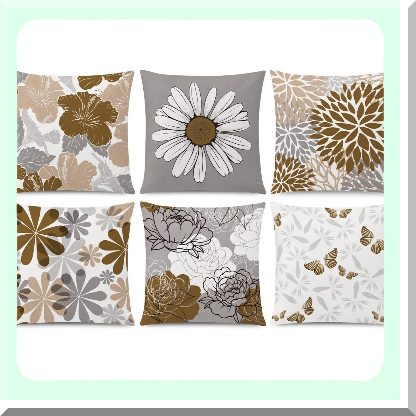 Daisy Flower Farmhouse Pillow Covers - Set of 6 Decorative Cushion Cover for Couch, Sofa, Patio, Bed - Modern Grey Brown 16x16 Living Room Home Decor