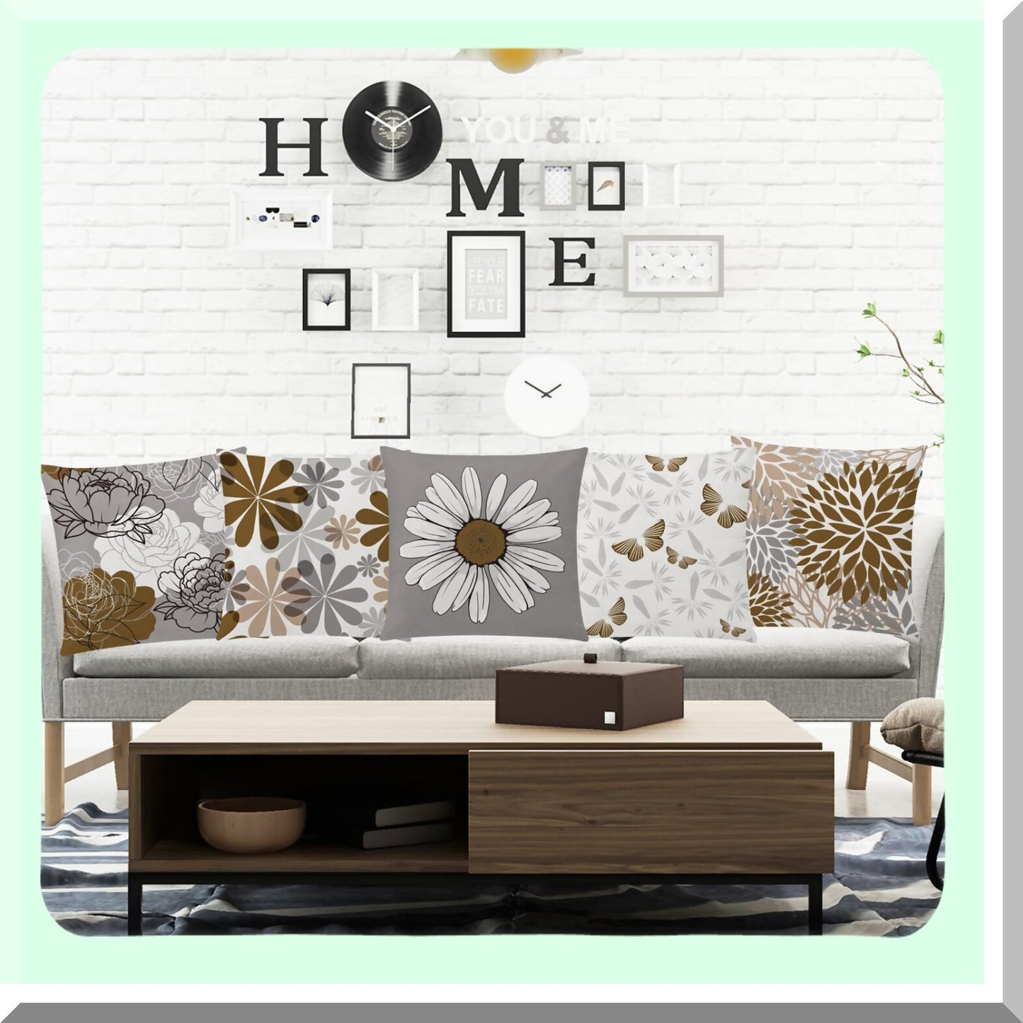 Daisy Flower Farmhouse Pillow Covers - Set of 6 Decorative Cushion Cover for Couch, Sofa, Patio, Bed - Modern Grey Brown 16x16 Living Room Home Decor