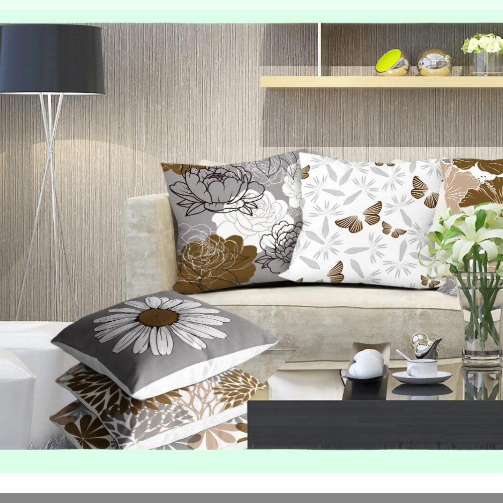 Daisy Flower Farmhouse Pillow Covers - Set of 6 Decorative Cushion Cover for Couch, Sofa, Patio, Bed - Modern Grey Brown 16x16 Living Room Home Decor