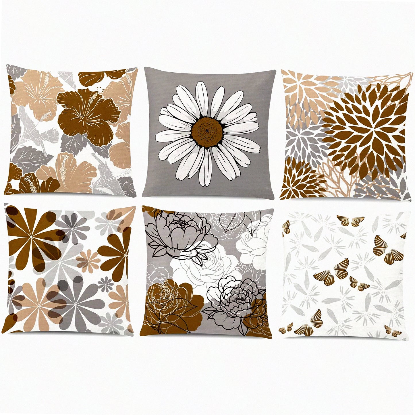 Daisy Flower Farmhouse Pillow Covers - Set of 6 Decorative Cushion Cover for Couch, Sofa, Patio, Bed - Modern Grey Brown 16x16 Living Room Home Decor