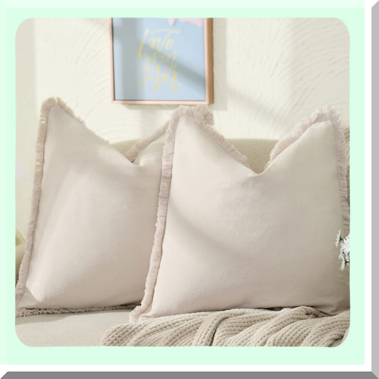 Beige Fringe Chic Cotton Pillow Covers - Set of 2 18x18 Square Cushion Covers for Sofa Couch Bed - Farmhouse Boho Decorative Pillows for Living Room