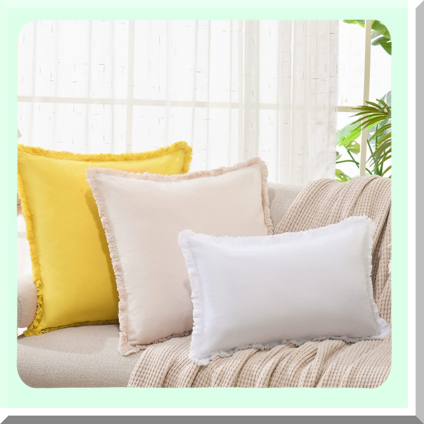 Beige Fringe Chic Cotton Pillow Covers - Set of 2 18x18 Square Cushion Covers for Sofa Couch Bed - Farmhouse Boho Decorative Pillows for Living Room