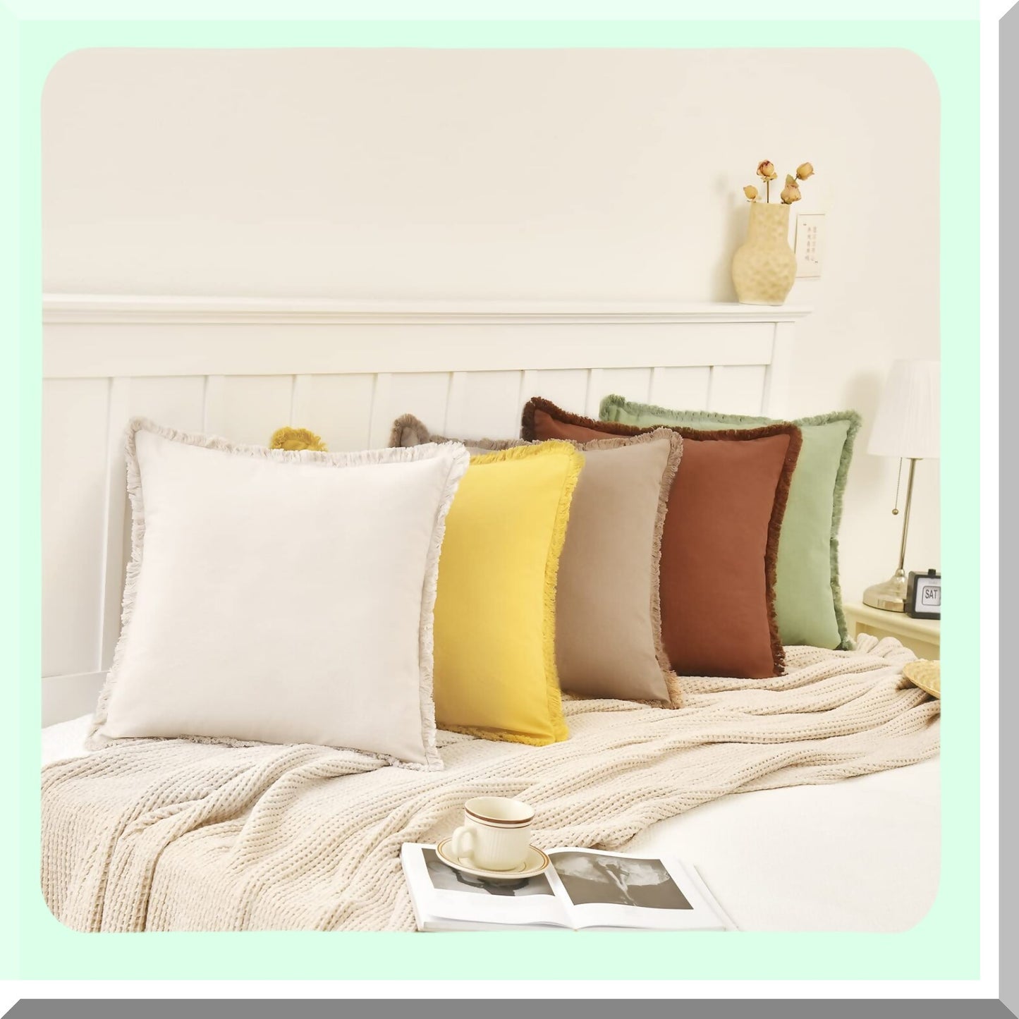 Beige Fringe Chic Cotton Pillow Covers - Set of 2 18x18 Square Cushion Covers for Sofa Couch Bed - Farmhouse Boho Decorative Pillows for Living Room