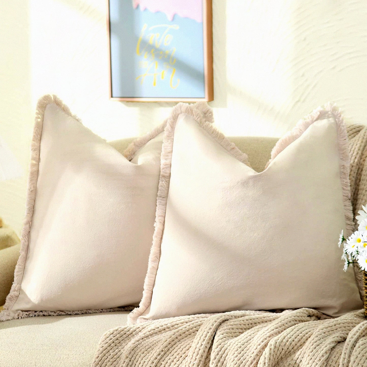 Beige Fringe Chic Cotton Pillow Covers - Set of 2 18x18 Square Cushion Covers for Sofa Couch Bed - Farmhouse Boho Decorative Pillows for Living Room