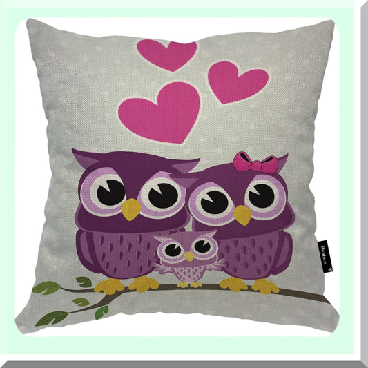 Love Owls Double-Sided Decorative Pillow Cover - Cute Heart Tree Branch Design - Couch Cushion Case 18X18 Inch - Men Woman Home Decor Accessory