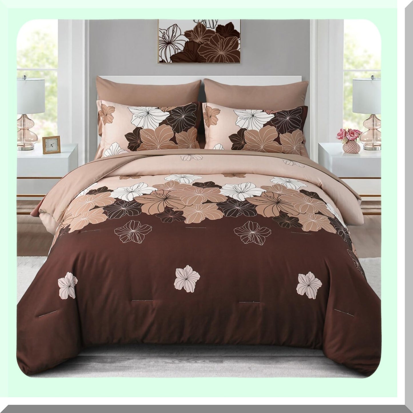 Luxury Floral Queen Bedding Set - 7 Piece Soft Microfiber Comforter & Sheets Bundle for Queen Size Bed - Lightweight Brown Floral Comforter Set