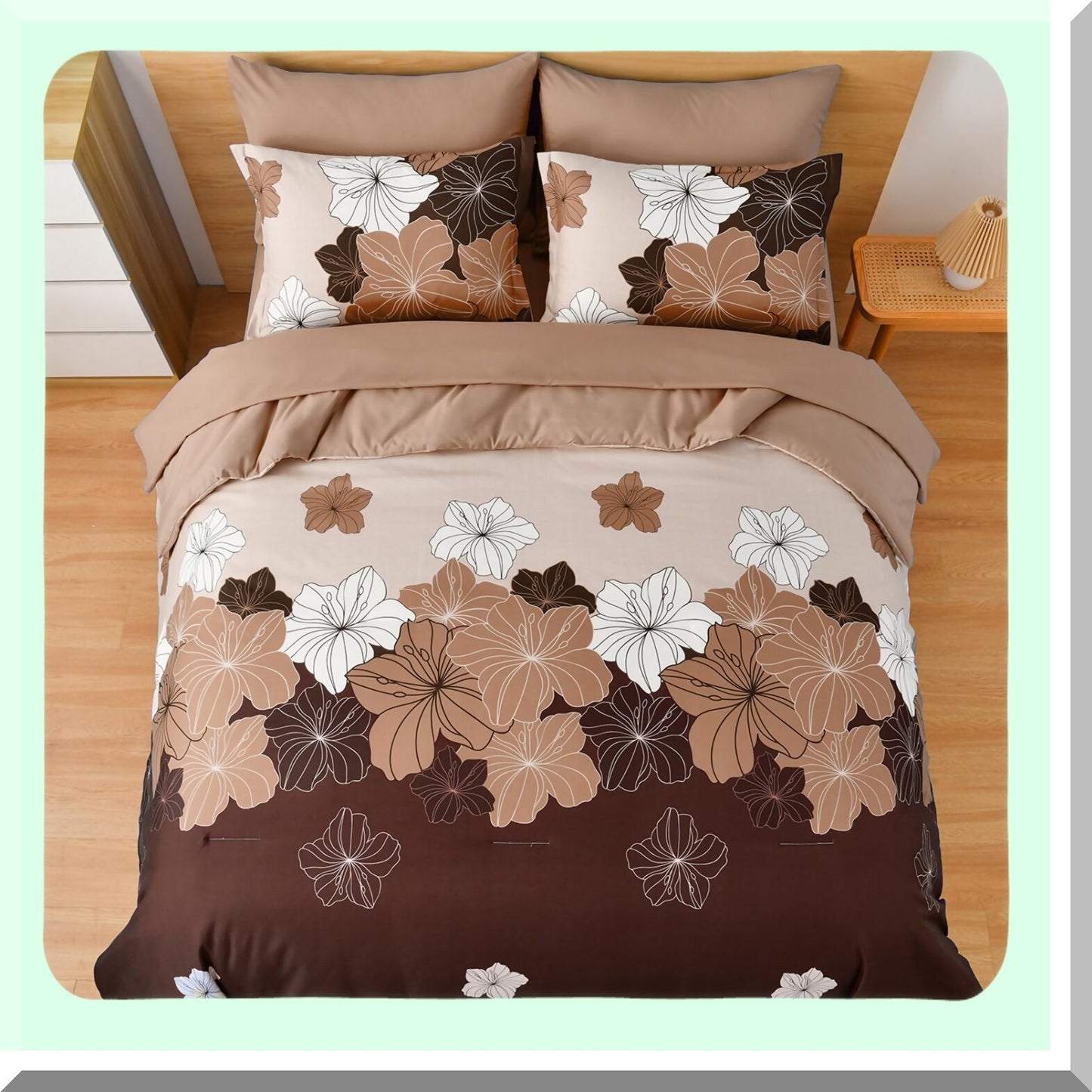 Luxury Floral Queen Bedding Set - 7 Piece Soft Microfiber Comforter & Sheets Bundle for Queen Size Bed - Lightweight Brown Floral Comforter Set