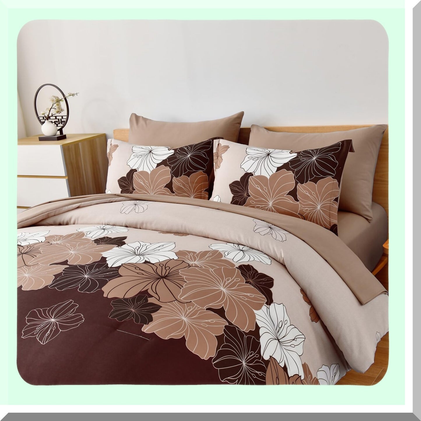 Luxury Floral Queen Bedding Set - 7 Piece Soft Microfiber Comforter & Sheets Bundle for Queen Size Bed - Lightweight Brown Floral Comforter Set